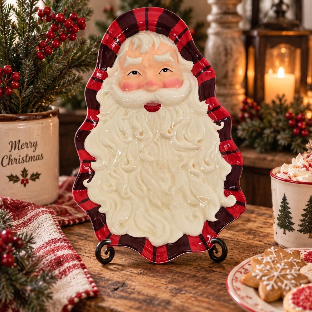Vintage Hallmark Santa Ceramic Serving Dish Plaid Christmas Holiday Decor